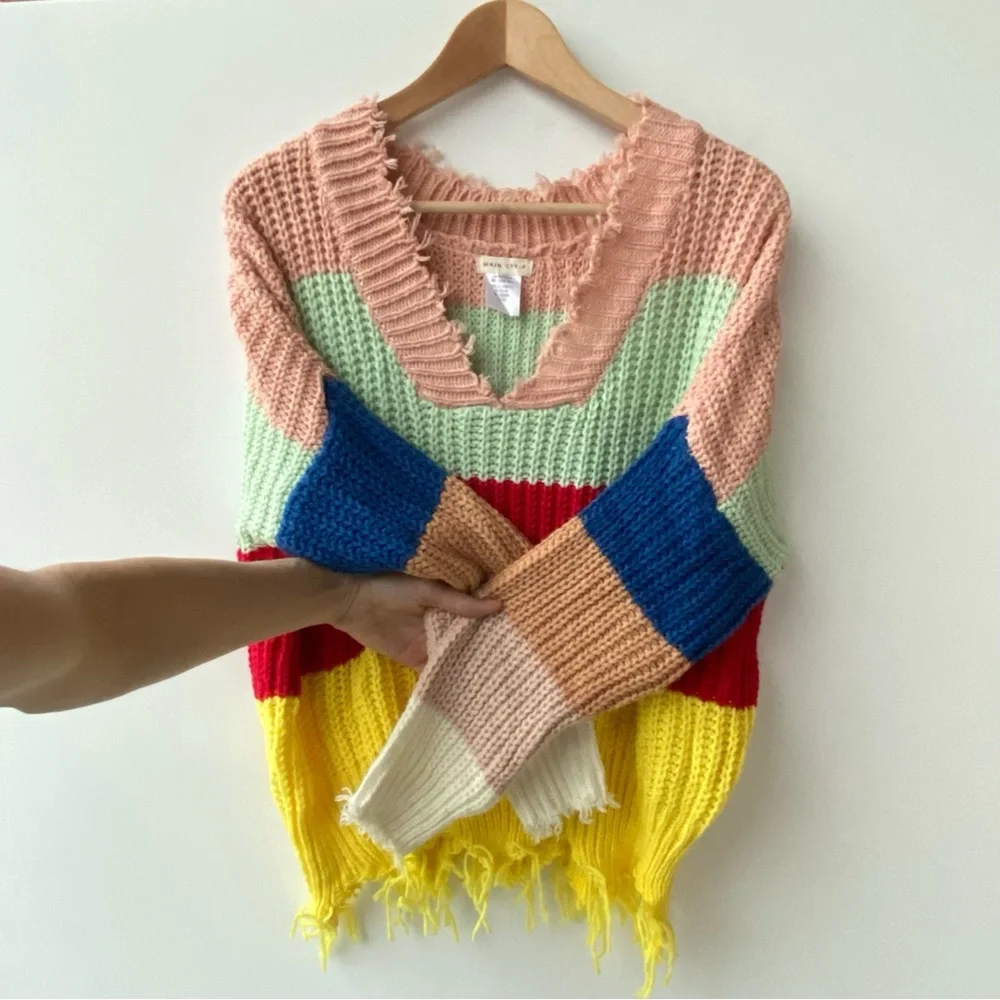 Main Strip : Rainbow Knit Fun Boho Frayed Hem Knit Sweater : Small - Picture 4 of 6